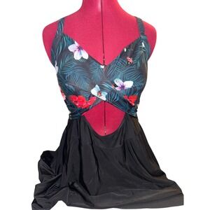 Tempt Me Tropical Floral Swim Dress One Piece Swimsuit Black Plus Size 20W NWT